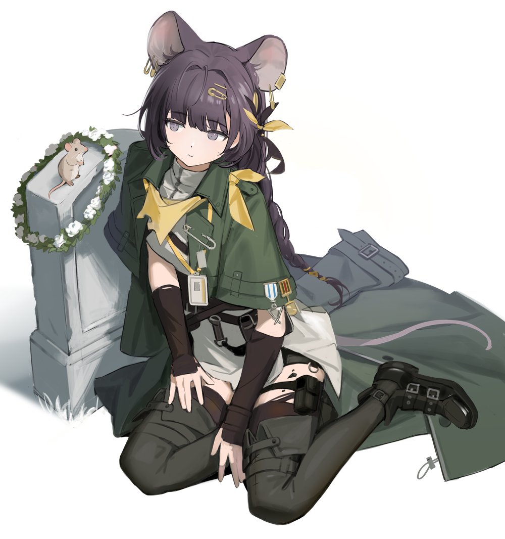 1girl, animal_ear_piercing, animal_ears, arknights, black_shoes, black_shorts, black_thighhighs, closed_mouth