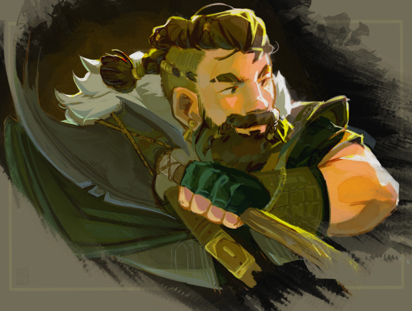 1boy, applestruda, armor, beads, beard, border, bracer, braid, braided_mustache, brown_background, brown_eyes, brown_hair, cape, commentary, dark_background, dwarf, earrings, english_commentary, eyebrow_cut, facial_hair, fingerless_gloves, full_beard, fur_trim, gloves, gold, gold_earrings, green_gloves, grey_background, grey_border, grey_cape, hair_beads, hair_ornament, hermitcraft, highres, holding_tool, impulsesv, impulsesv_(dwarf), inset_border, jewelry, looking_to_the_side, male_focus, manly, medium_hair, minecraft_youtube, muscular, muscular_male, mustache, portrait, short_sleeves, shoulder_armor, side_braid, smile, solo, undercut