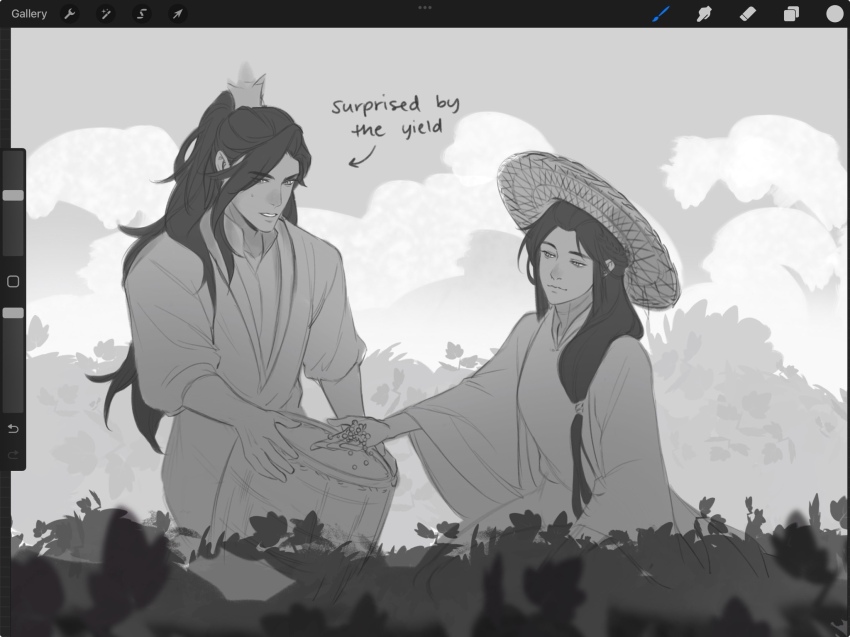 1boy, 1girl, art_program_in_frame, asymmetrical_bangs, basket, berry, bush, chinese_clothes