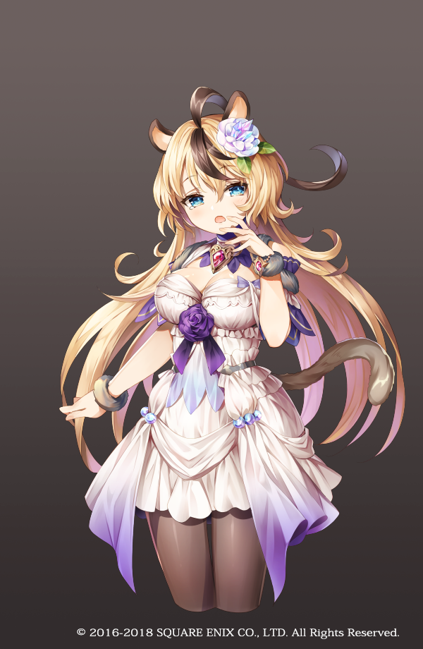 1girl, animal_ears, blonde_hair, blue_eyes, breasts, brown_hair, copyright_notice, dormouse_(grimms_notes), flower, gradient_background, grimms_notes, hair_flower, hair_ornament, large_breasts, long_hair, mouse_ears, multicolored_hair, nemusuke, official_art, open_mouth, purple_flower, purple_rose, rose, solo, streaked_hair, tail, white_flower