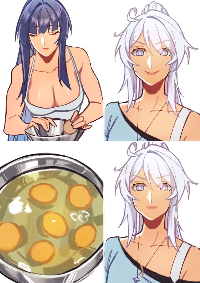 2girls, absurdres, ahoge, alternate_costume, bare_shoulders, blue_eyes, blue_shirt, bowl