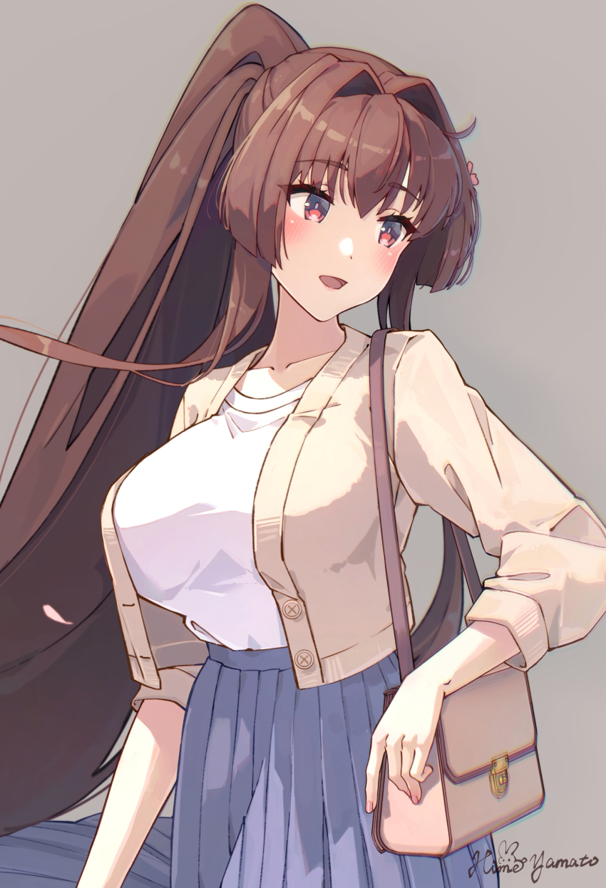 1girl, bag, blue_skirt, bottle, breasts, character_name, cherry_blossoms, flower