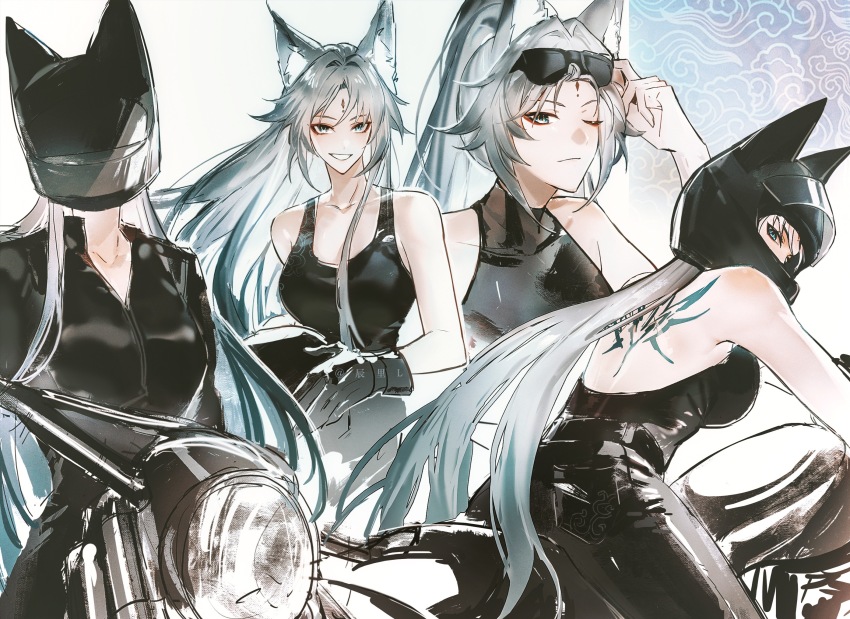 1girl, alternate_costume, animal_ear_fluff, animal_ear_helmet, animal_ears, animal_helmet, back_tattoo, backless_shirt