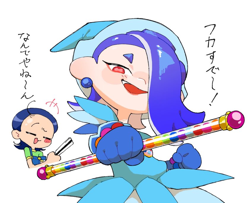 2girls, blue_hair, brooch, candy, cosplay, crossover, dress, earrings