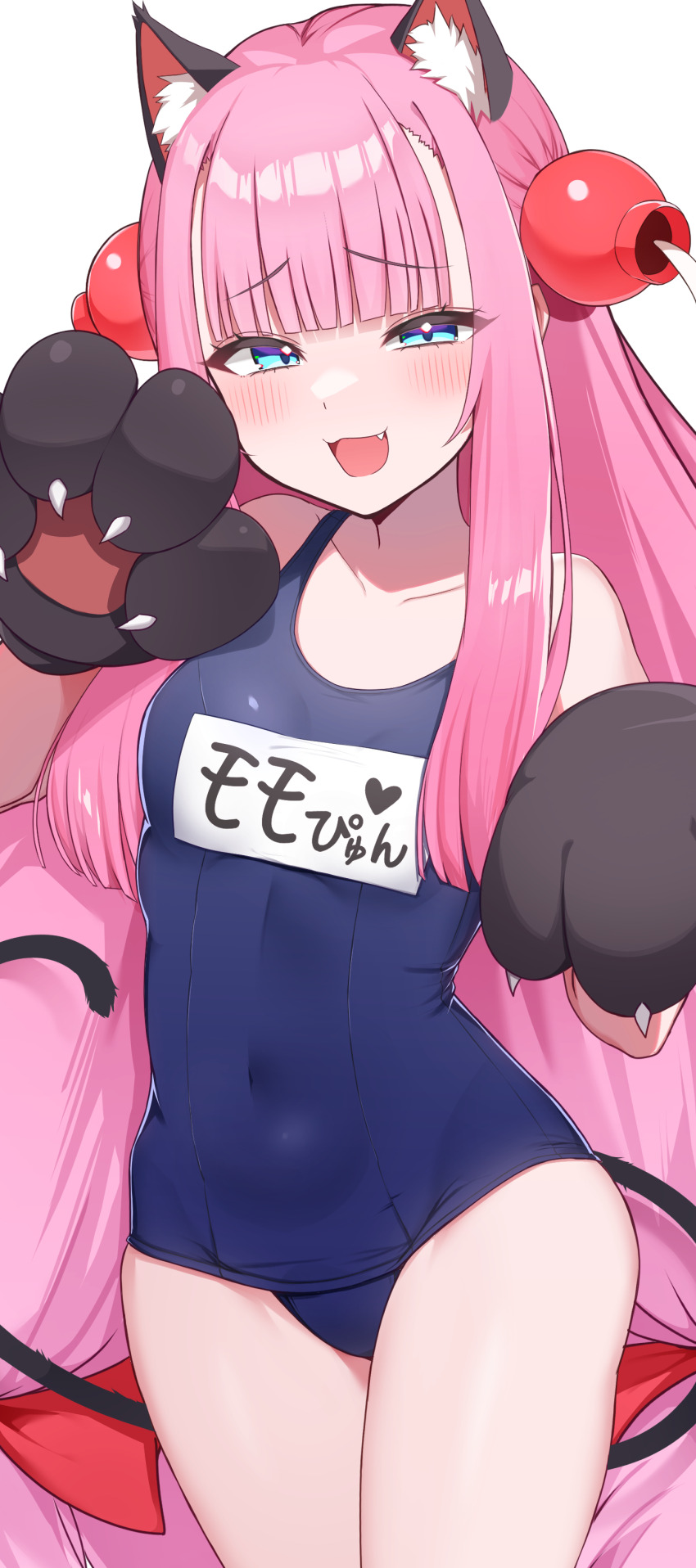 1girl, :3, absurdres, animal_ears, animal_hands, bare_shoulders, black_gloves, blue_eyes