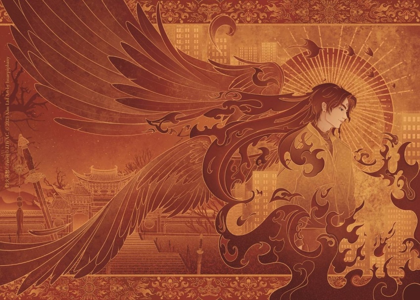 1boy, architecture, bare_tree, black_eyes, border, building, closed_mouth, commentary