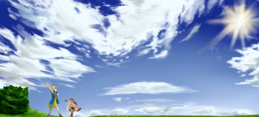 00s, 2girls, cloud, day, el_cazador_de_la_bruja, ellis, ellis_(el_cazador_de_la_bruja), grass