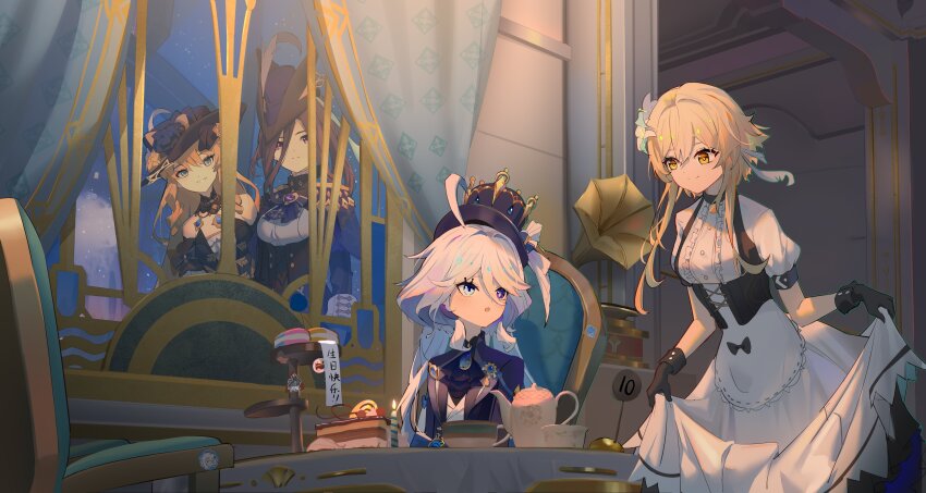 4girls, :o, absurdres, ahoge, alternate_costume, ascot, bare_shoulders, birthday_cake, black_bow, black_corset, black_flower, black_gloves, black_hair, black_hat, black_rose, blonde_hair, blue_ascot, blue_eyes, blue_flower, blue_gem, blue_hair, blue_hat, blue_jacket, blue_pupils, bow, breasts, brooch, cake, cake_slice, clorinde_(genshin_impact), closed_mouth, commentary_request, corset, cowlick, cup, curtsey, dark_blue_hair, dress, drop-shaped_pupils, electro_symbol_(genshin_impact), epaulettes, eyelash_ornament, flower, food, framed_breasts, furina_(genshin_impact), gem, genshin_impact, gloves, hair_between_eyes, hair_flower, hair_ornament, happy_birthday, hat, hat_feather, hat_flower, heterochromia, highres, holding_own_dress, hydro_symbol_(genshin_impact), indoors, jacket, jewelry, la_lettre_a_focalors_(genshin_impact), lace-trimmed_collar, lace_trim, large_breasts, light_blue_hair, light_blush, long_hair, long_hair_between_eyes, long_sleeves, looking_at_another, lumine_(genshin_impact), macaron, maid, maid_headdress, medium_breasts, mismatched_pupils, multiple_girls, navia_(genshin_impact), open_mouth, ouji_fashion, phonograph, purple_ascot, purple_eyes, purple_hat, qixia, rose, shirt, short_hair_with_long_locks, short_sleeves, sitting, smile, standing, strapless, strapless_dress, symbol-shaped_pupils, taut_clothes, taut_shirt, teacup, teapot, teeth, top_hat, translated, trick_or_treat, tricorne, very_long_hair, vision_(genshin_impact), white_dress, white_flower, white_hair, window, yellow_eyes, yellow_flower, yellow_rose