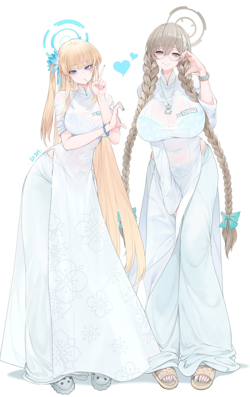 2girls, ;d, absurdres, akane_(blue_archive), alternate_costume, alternate_hairstyle, bag, blonde_hair