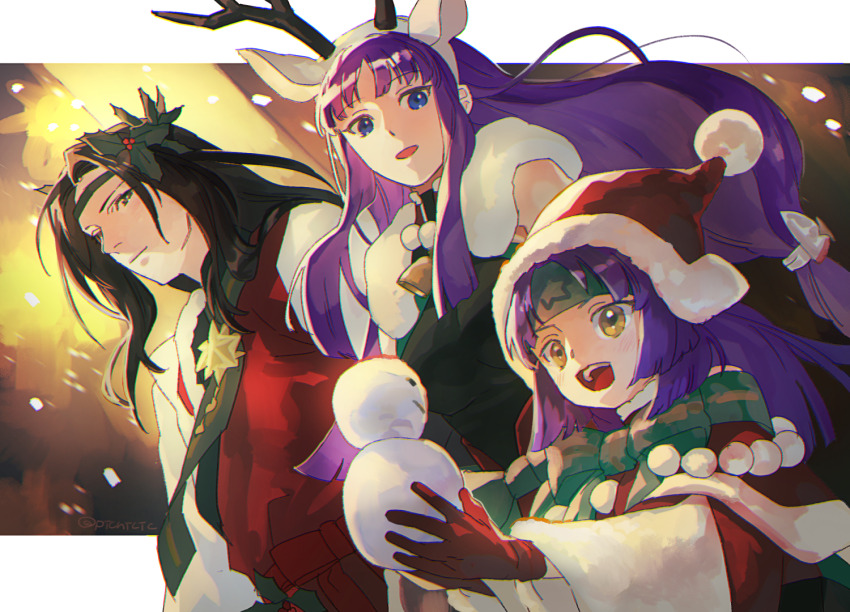 1boy, 2girls, altina_(fire_emblem), altina_(winter)_(fire_emblem), animal_ears, antlers, black_hair, blue_eyes, child, commentary_request, deer_ears, fake_animal_ears, fake_horns, fire_emblem, fire_emblem:_path_of_radiance, fire_emblem:_radiant_dawn, fire_emblem_heroes, fur_trim, gloves, hat, headband, horns, long_hair, mistletoe_hair_ornament, multiple_girls, nintendo, official_alternate_costume, open_mouth, picnicic, purple_hair, reindeer_antlers, sanaki_kirsch_altina, sanaki_kirsch_altina_(winter), santa_hat, sephiran_(fire_emblem), sephiran_(winter)_(fire_emblem), smile, snowing, twitter_username, yellow_eyes