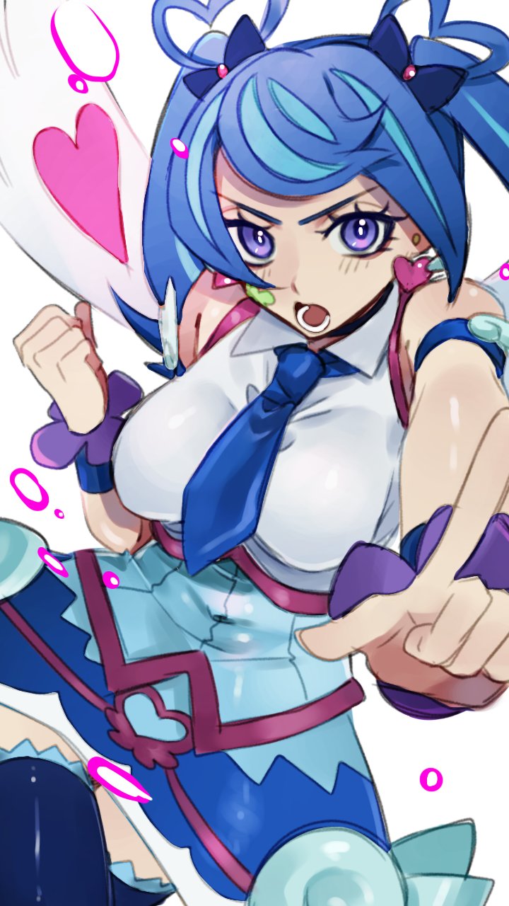 1girl, bare_shoulders, blue_angel_(yu-gi-oh!), blue_eyes, blue_hair, blue_sky, breasts, country_takeuchi