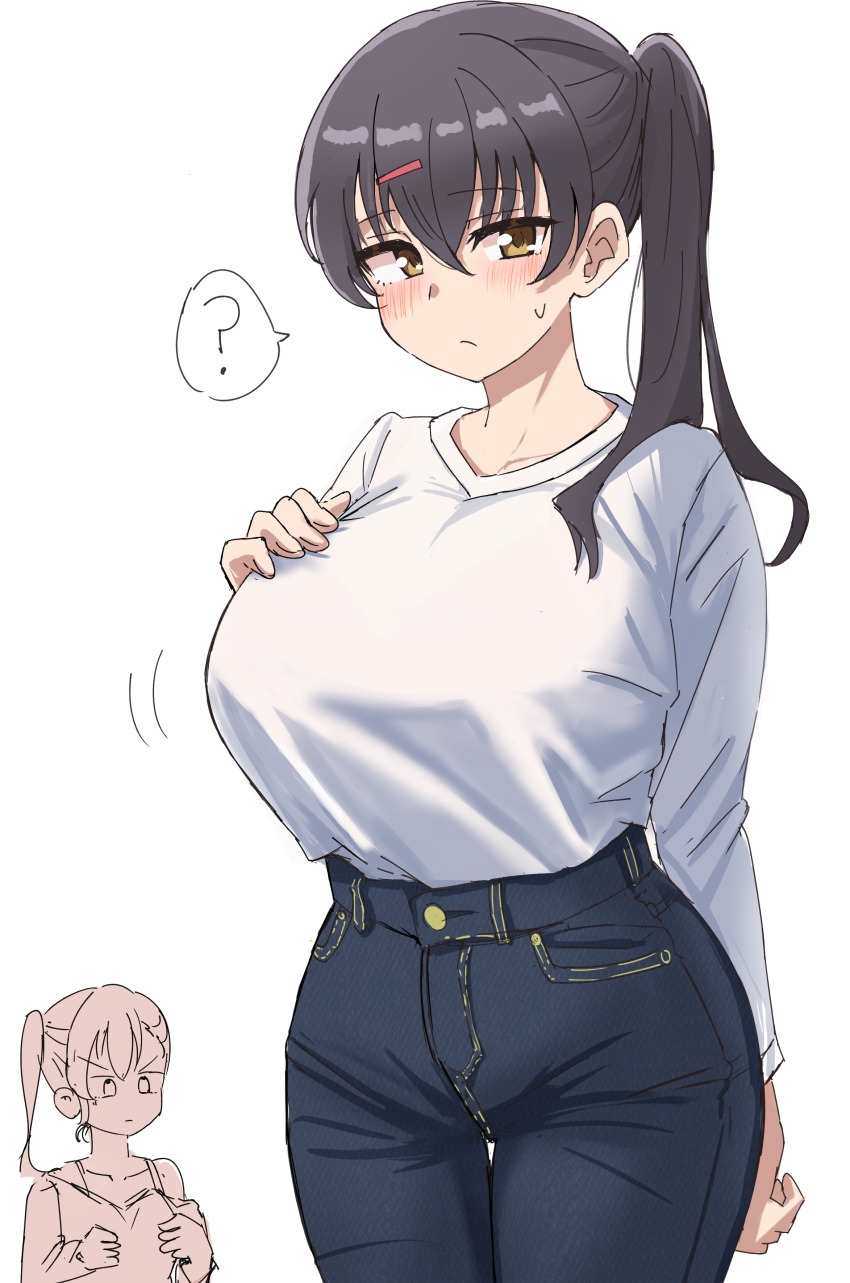 2girls, :|, ?, absurdres, akamine_ten, alternate_breast_size_(larger), black_hair, black_pants, blush, bra_visible_through_clothes, breast_envy, breast_suppress, breasts, brown_eyes, closed_mouth, collarbone, commentary_request, cowboy_shot, crossed_bangs, ereka, frown, hair_between_eyes, hair_ornament, hairclip, highres, ishimine_koito, large_breasts, long_hair, long_sleeves, looking_at_viewer, love_live!, love_live!_nijigasaki_high_school_idol_club, love_live!_nijigasaki_high_school_idol_club_the_movie_-_finale, medium_breasts, motion_lines, multiple_girls, pants, shirt, shirt_tucked_in, side_ponytail, simple_background, solo_focus, speech_bubble, spoken_question_mark, sweatdrop, t-shirt, tented_shirt, v-shaped_eyebrows, white_background, white_shirt