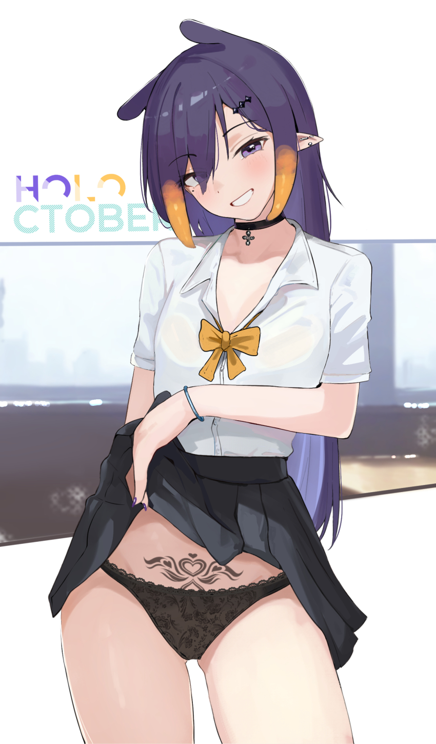 1girl, absurdres, alternate_costume, black_choker, black_panties, black_skirt, bow, bowtie, choker, clothes_lift, collared_shirt, contrapposto, ear_piercing, earclip, gradient_hair, grin, hair_over_one_eye, hashtag-only_commentary, head_tilt, highres, hololive, hololive_english, ku_roiko, lace, lace-trimmed_panties, lace_trim, light_blush, long_hair, looking_at_viewer, miniskirt, mole, mole_under_eye, multicolored_hair, nail_polish, ninomae_ina'nis, orange_hair, panties, pendant_choker, piercing, pleated_skirt, pointy_ears, pubic_tattoo, pubic_tattoo_visible_through_clothes, purple_eyes, purple_hair, purple_nails, school_uniform, shirt, shirt_tucked_in, short_sleeves, sidelocks, skirt, skirt_lift, smile, solo, standing, swept_bangs, tattoo, tentacle_hair, underwear, very_long_hair, virtual_youtuber, white_shirt, yellow_bow, yellow_bowtie