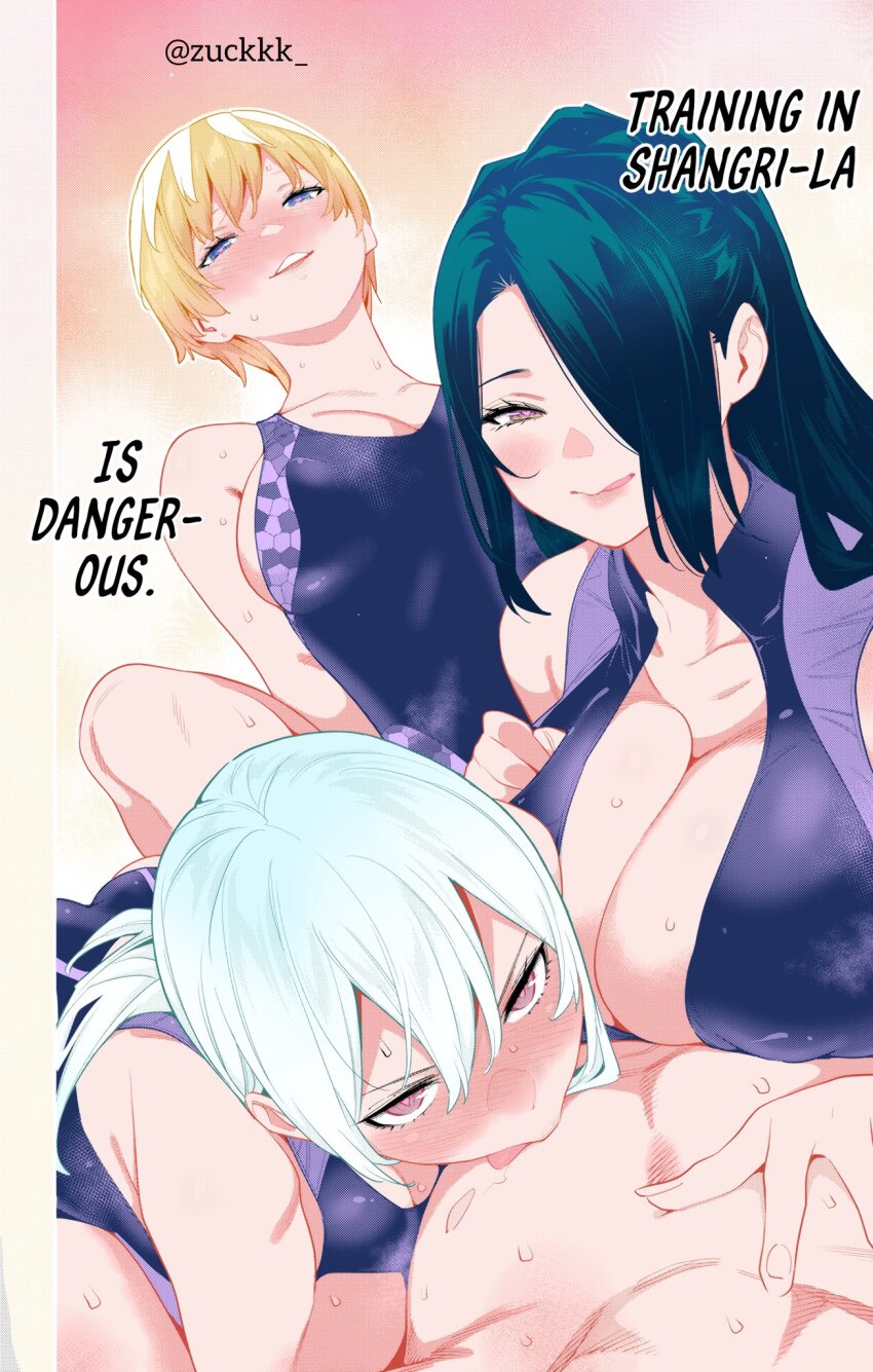 1boy, 3girls, azuma_fubuki, black_hair, blonde_hair, blue_eyes, breasts, cleavage, colorized, hair_over_one_eye, highres, izumo_tenka, large_breasts, long_hair, looking_at_viewer, mato_seihei_no_slave, multiple_girls, pov, red_eyes, sideboob, takemura_youhei, uzen_kyouka, wakura_yuuki, white_hair, zuckkk