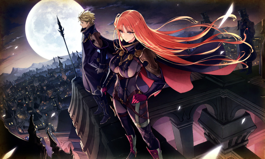 1boy, 1girl, armor, basheeny_(ta_ga_tame_no_alchemist), blonde_hair, bodysuit, boots, breasts, commentary, floating_hair, full_moon, hand_on_own_hip, high_heel_boots, high_heels, highres, irene_(ta_ga_tame_no_alchemist), large_breasts, long_hair, moon, night, official_art, on_roof, orange_hair, profile, purple_eyes, shoulder_armor, sky, ta_ga_tame_no_alchemist, third-party_source
