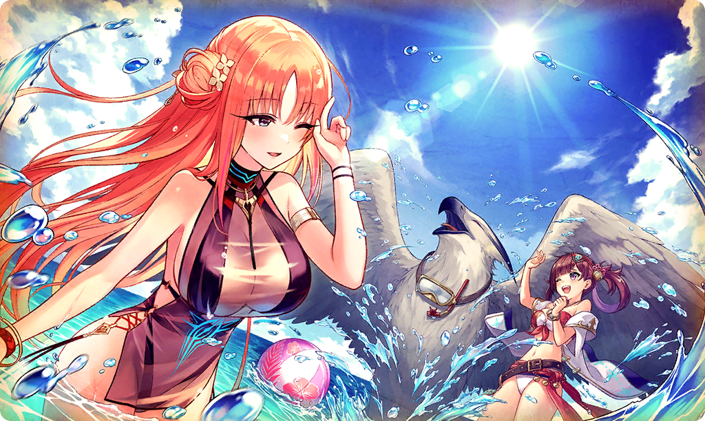 2girls, ;d, animal, ball, beachball, blue_sky, breasts, brown_hair