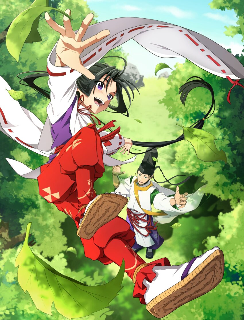 2boys, absurdres, black_hair, day, forest, green_eyes, hakama, hakama_pants