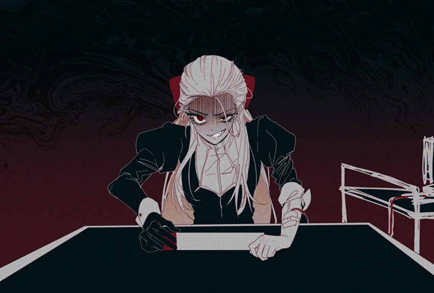 1girl, aged_down, akagi:_yami_ni_oritatta_tensai, black_background, black_gloves, black_jacket, blood, bow, commentary_request, distortion, fukumoto_mahjong, genderswap, genderswap_(mtf), gloom_(expression), gloves, gradient_background, grin, hair_bow, hair_slicked_back, highres, intravenous_drip, jacket, juliet_sleeves, korean_commentary, long_hair, long_sleeves, looking_at_viewer, mahjong, mahjong_table, mahjong_tile, muuumin, puffy_sleeves, red_background, red_bow, red_eyes, single_glove, smile, smoke, solo, table, upper_body, v-shaped_eyebrows, washizu_iwao, white_hair