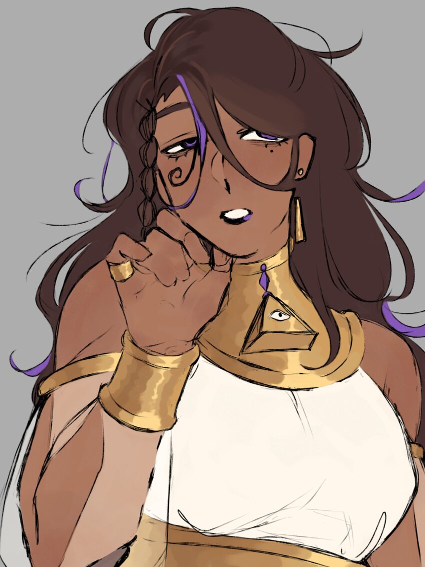 1girl, ancient_egyptian_clothes, armlet, bracelet, braid, breasts, brown_hair, commentary, dark-skinned_female, dark_skin, detached_sleeves, earrings, eyebrows_hidden_by_hair, facial_mark, genderswap, genderswap_(mtf), grey_background, hair_over_one_eye, highres, jewelry, medium_breasts, minecraft_youtube, mole, mole_under_eye, multicolored_hair, parkour_civilization, purple_eyes, purple_hair, purple_lips, pyramid_(structure), ring, seawattgaming, see-through_clothes, see-through_sleeves, side_braid, solo, streaked_hair, sweetstove, two-tone_hair, upper_body