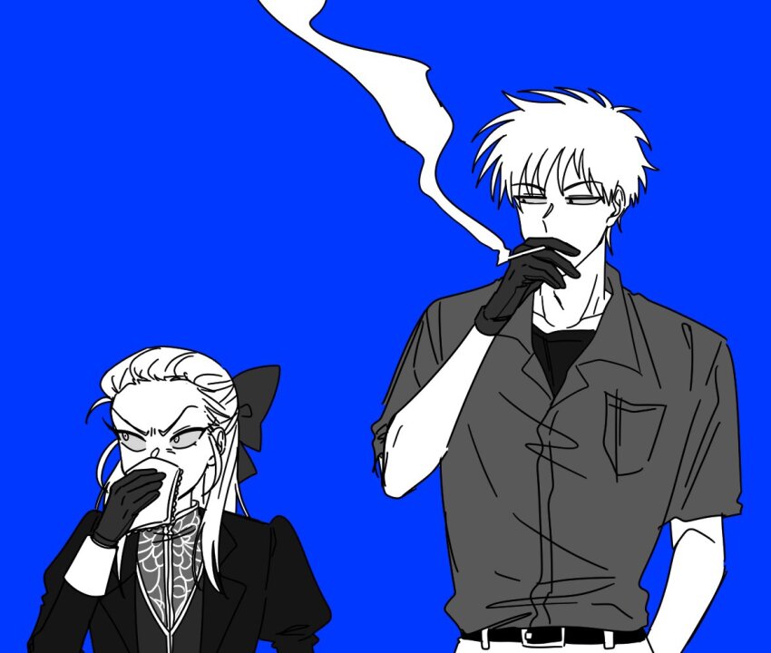 1boy, 1girl, aged_down, akagi:_yami_ni_oritatta_tensai, akagi_shigeru, blazer, blue_background, bow