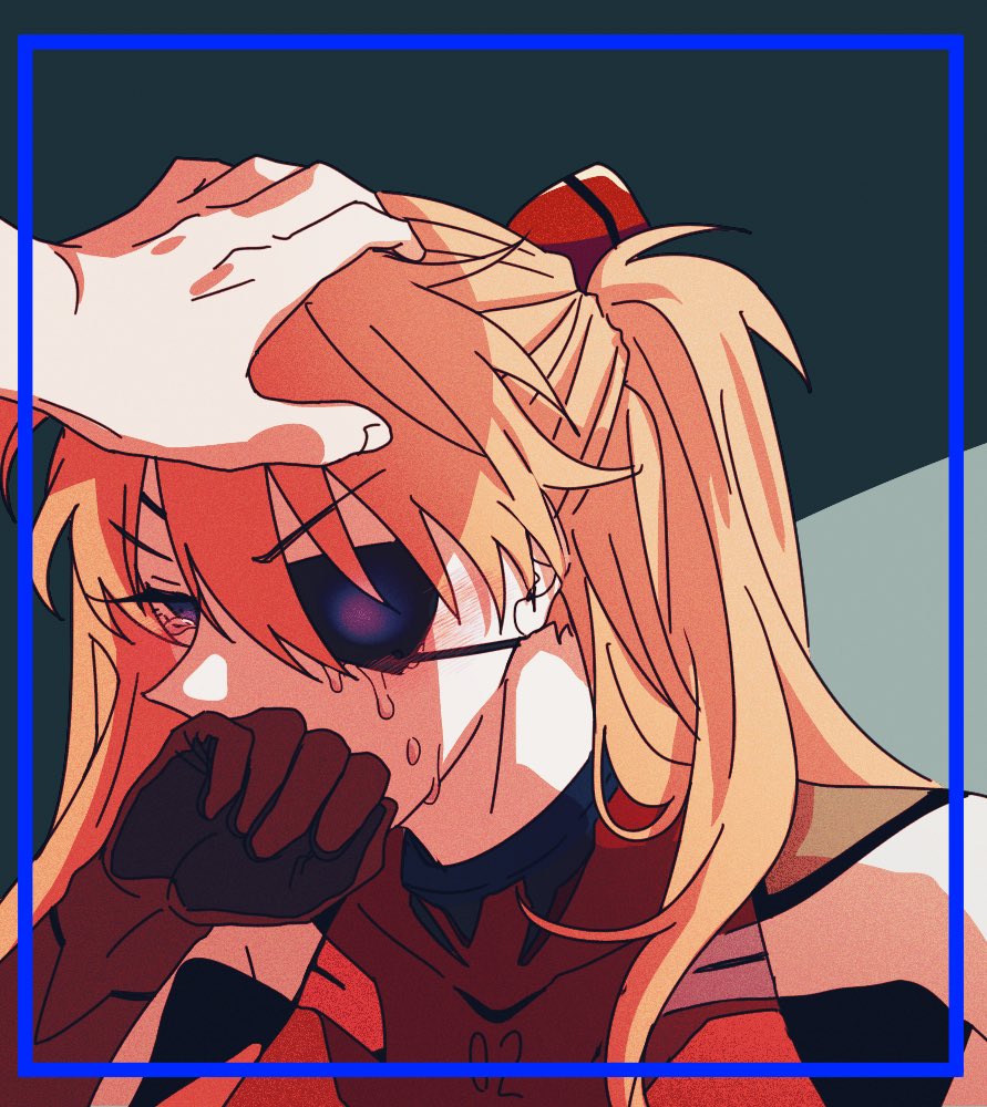 1boy, 1girl, 1other, aida_kensuke, blonde_hair, blue_eyes, bodysuit, commentary_request, covering_own_mouth, cowboy_shot, crying, crying_with_eyes_open, evangelion:_3.0+1.0_thrice_upon_a_time, eyepatch, grey_background, hand_on_another's_head, headpat, korean_commentary, mecha_pilot_suit, muuumin, neon_genesis_evangelion, plugsuit_(evangelion), rebuild_of_evangelion, red_bodysuit, solo_focus, souryuu_asuka_langley, tears, two_side_up