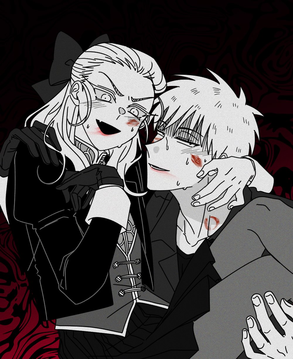 1boy, 1girl, aged_down, akagi:_yami_ni_oritatta_tensai, akagi_shigeru, blood, blood_on_face, blood_on_mouth, blush, bow, breasts, carrying, collared_shirt, fang, feet_out_of_frame, fukumoto_mahjong, genderswap, genderswap_(mtf), gloom_(expression), gloves, greyscale_with_colored_background, hair_bow, hair_slicked_back, half-closed_eyes, hetero, highres, jacket, juliet_sleeves, lipstick_mark, lipstick_mark_on_face, long_hair, long_sleeves, looking_at_viewer, muuumin, open_mouth, pantyhose, pleated_skirt, princess_carry, puffy_sleeves, red_background, shirt, short_hair, single_glove, skin_fang, skirt, smile, spot_color, v-shaped_eyebrows, vest, washizu_iwao