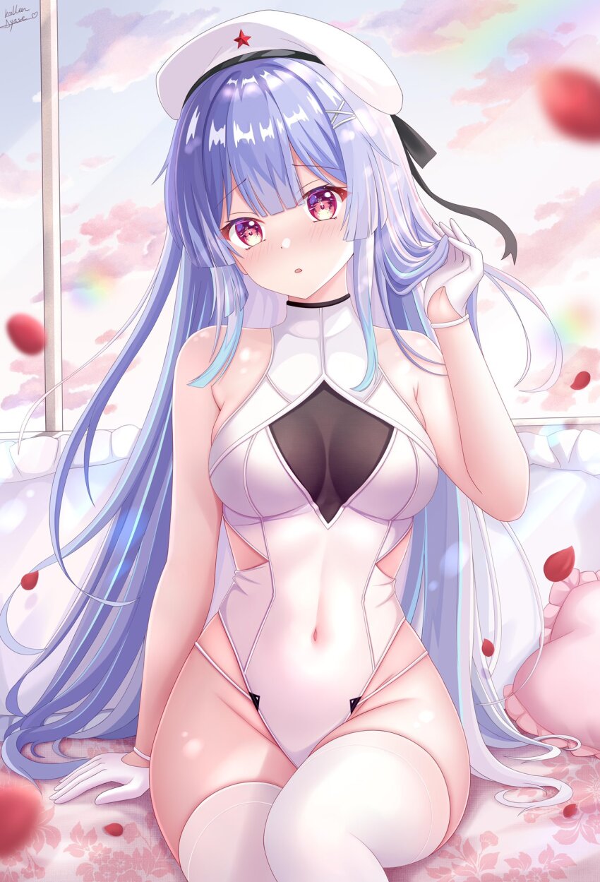1girl, alternate_costume, anshan_(warship_girls_r), bare_shoulders, blue_hair, blush, breasts, covered_navel, double-parted_bangs, falling_petals, gloves, hair_ornament, hairclip, hand_up, hat, highleg, highres, kallen_ayase, leotard, long_hair, looking_at_viewer, medium_breasts, parted_lips, petals, pillow, red_eyes, sitting, solo, thighhighs, thighs, very_long_hair, warship_girls_r, white_gloves, white_leotard, white_thighhighs