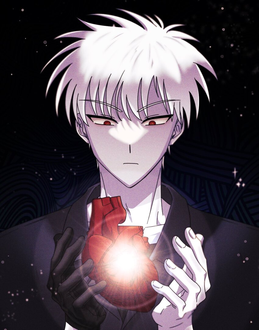 1boy, abstract_background, akagi:_yami_ni_oritatta_tensai, akagi_shigeru, black_background, black_gloves, black_shirt, closed_mouth, collared_shirt, commentary_request, expressionless, fukumoto_mahjong, gloves, glowing, glowing_organ, heart_(organ), highres, korean_commentary, looking_down, male_focus, muuumin, red_eyes, shirt, short_hair, single_glove, solo, upper_body, v-shaped_eyebrows, white_hair