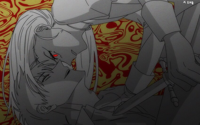 1boy, 1girl, abstract_background, aged_down, akagi:_yami_ni_oritatta_tensai, akagi_shigeru, at_knifepoint, collared_shirt