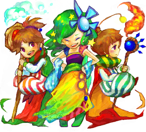 1boy, 2girls, ^_^, baggy_pants, blue_shawl, brother_and_sister, brown_hair, cape, closed_eyes, dress, earrings, final_fantasy, final_fantasy_iv, fire, floating, green_cape, green_sash, hair_ornament, hands_on_own_hips, holding, holding_staff, jewelry, looking_at_viewer, lowres, mage_staff, multicolored_dress, multiple_girls, open_mouth, palom, pants, ponytail, porom, purple_dress, purple_eyes, red_cape, rinne_(maxbeat), rydia_(ff4), rydia_(young)_(ff4), sash, shawl, short_hair, short_ponytail, siblings, sleeveless, sleeveless_dress, smile, staff, star_(symbol), star_earrings, star_hair_ornament, teeth, twins, two-sided_cape, two-sided_fabric, upper_teeth_only, yellow_cape, yellow_dress
