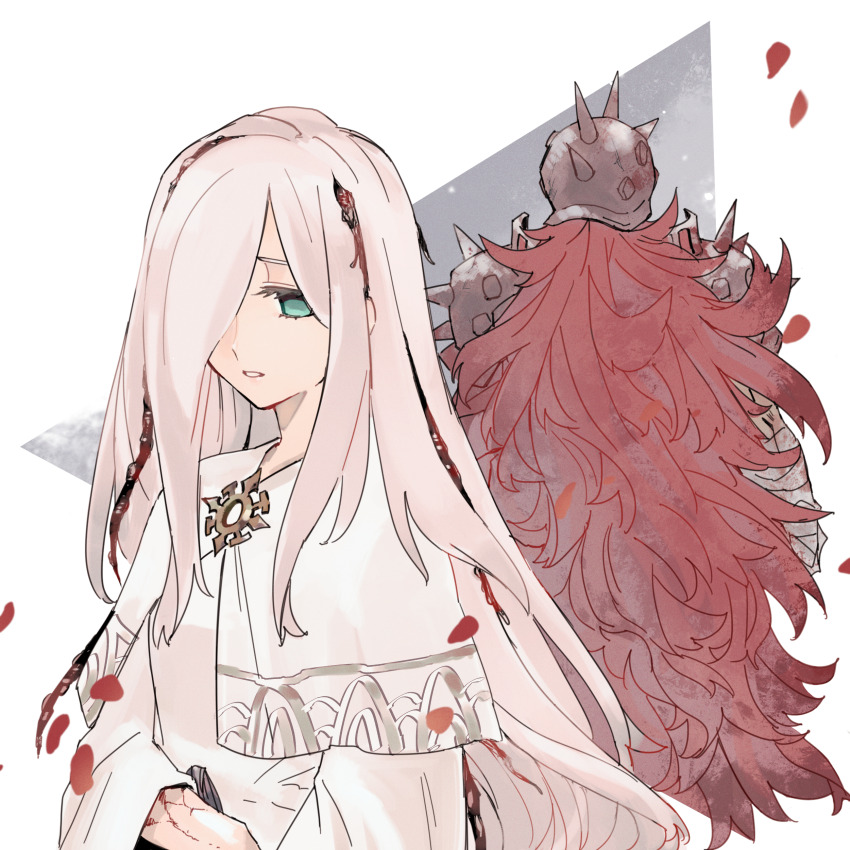 1boy, 1girl, absurdres, blue_eyes, capelet, dress, ender_lilies_quietus_of_the_knights, fretia_(ender_lilies)