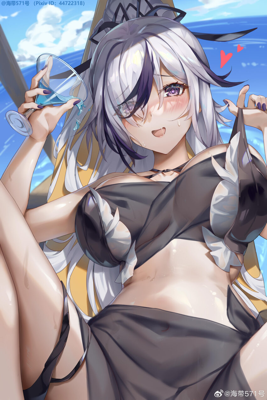 1girl, a150_(warship_girls_r), absurdres, bare_shoulders, bikini, black_bikini, black_hair, blue_sky, blush, breasts, cup, day, drinking_glass, eyes_visible_through_hair, grey_hair, haidai571hao, hair_over_one_eye, heart, heart-shaped_pupils, highres, holding, holding_cup, large_breasts, long_hair, looking_at_viewer, lying, multicolored_hair, nail_polish, navel, ocean, on_back, open_mouth, outdoors, ponytail, purple_eyes, purple_nails, sarong, sky, smile, solo, spread_legs, stomach, streaked_hair, sweat, swimsuit, symbol-shaped_pupils, thigh_strap, warship_girls_r, water, white_hair, wine_glass