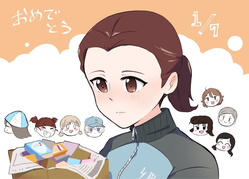 aki_(girls_und_panzer), ari_(girls_und_panzer), baseball_cap, black_hair, blonde_hair, blue_hat, blue_jacket, brown_eyes