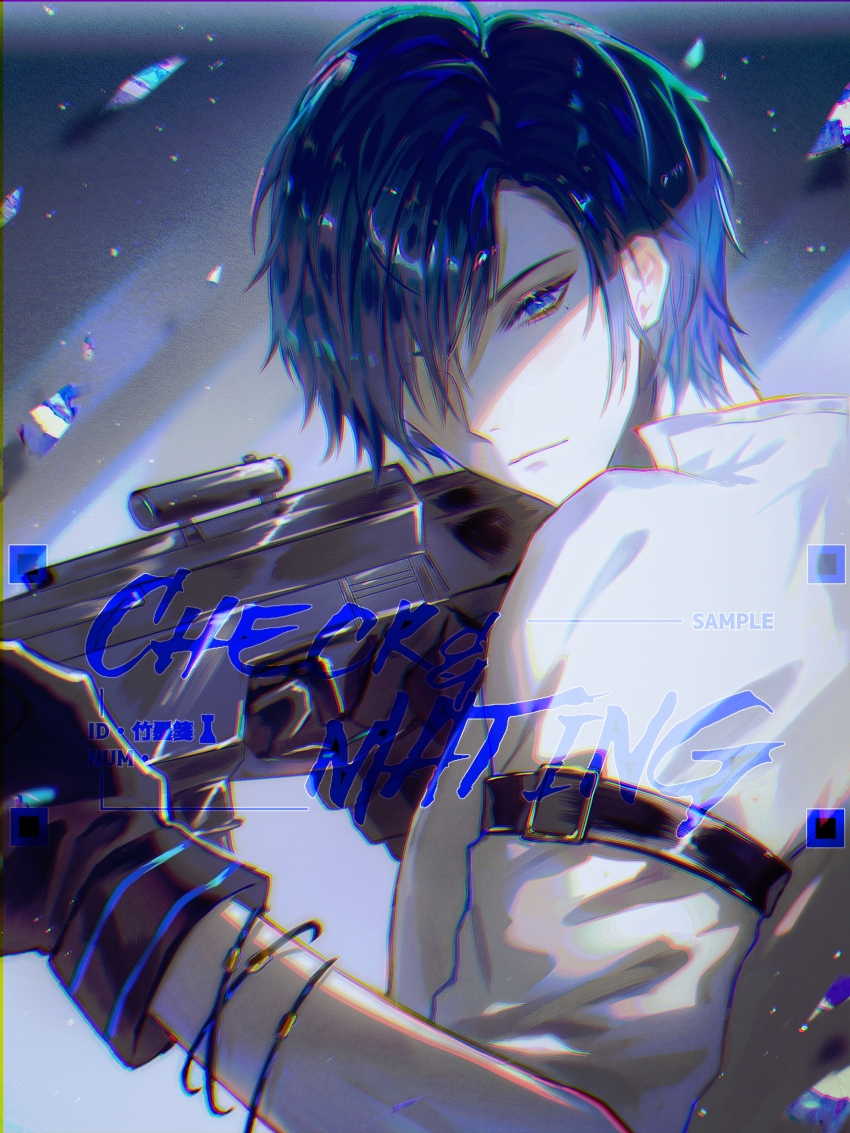 1boy, absurdres, black_gloves, blue_eyes, blue_hair, clarence_clayden, clarence_clayden_(eden), closed_mouth