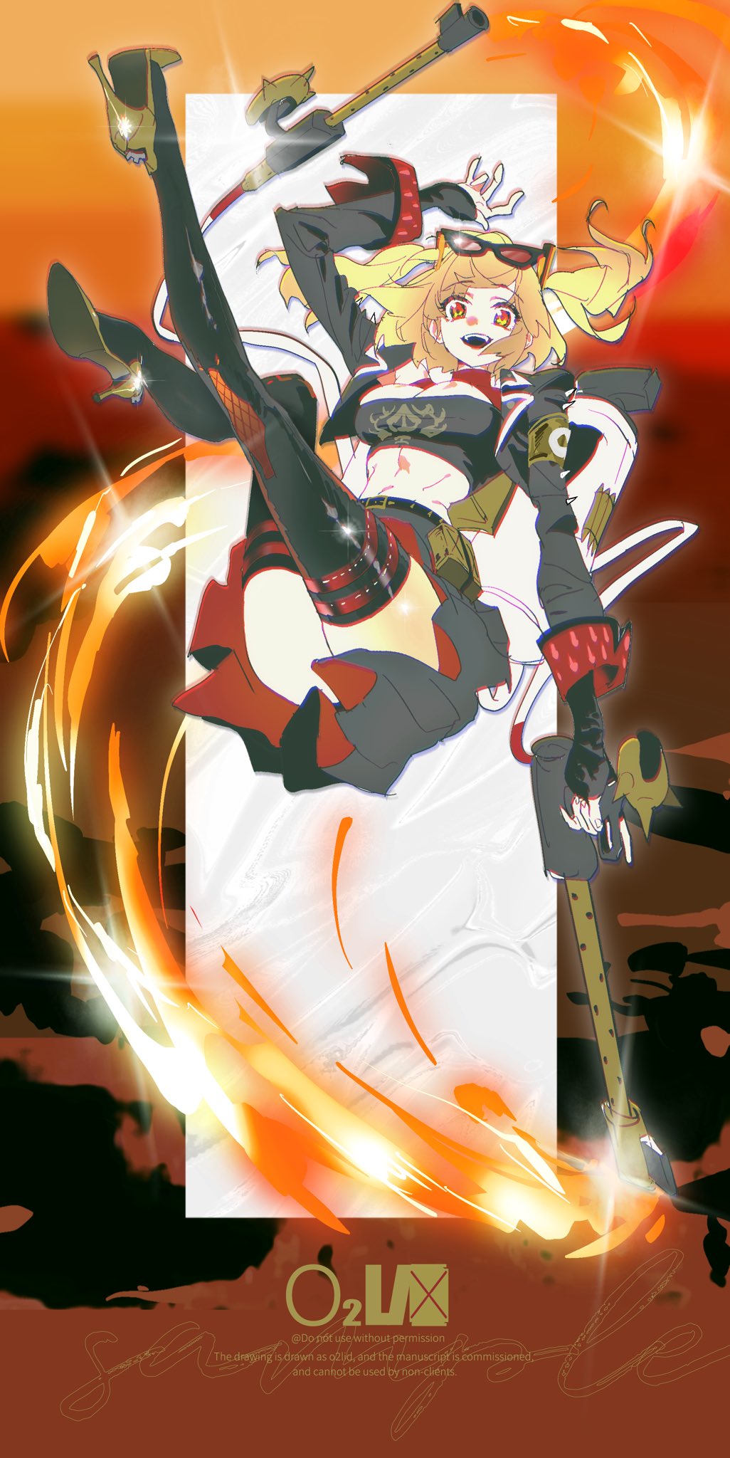 1girl, black_jacket, black_skirt, black_thighhighs, blonde_hair, burnice_white, chromatic_aberration, crop_top, eyewear_on_head, flamethrower, floating_hair, full_body, hair_between_eyes, high_heels, highres, holding_flamethrower, holding_weapon, jacket, long_hair, open_clothes, open_jacket, open_mouth, outdoors, red-tinted_eyewear, red_eyes, sidelocks, skirt, smile, solo, sunglasses, thighhighs, tinted_eyewear, yanghua_gaizi, zenless_zone_zero