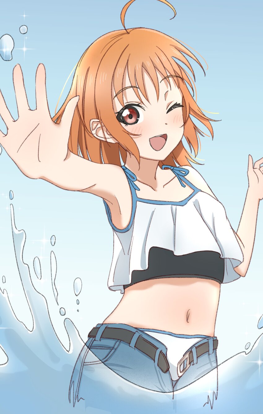 1girl, ;d, absurdres, ahoge, alternate_costume, belt, bikini, black_belt, blue_shorts, collarbone, commentary, commission, cowboy_shot, denim, denim_shorts, highres, love_live!, love_live!_sunshine!!, medium_hair, midriff, nanakussa, navel, one_eye_closed, open_belt, open_fly, open_mouth, orange_hair, outstretched_arm, red_eyes, short_shorts, shorts, skeb_commission, smile, solo, swimsuit, takami_chika, white_bikini