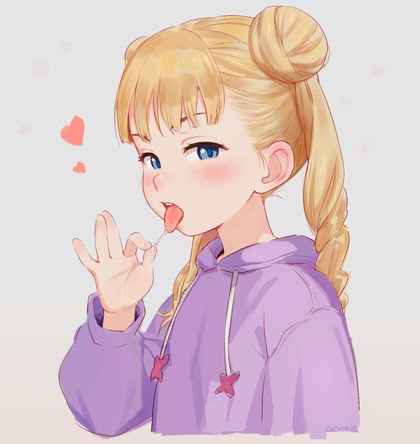1girl, artist_name, blonde_hair, blue_eyes, blush, come_hither, commentary, double_bun, drawstring, english_commentary, fellatio_gesture, flat_chest, grey_background, hair_bun, hand_up, heart, highres, hood, hood_down, hoodie, loli, long_hair, long_sleeves, looking_at_viewer, naughty_face, okymir, open_mouth, oral_invitation, original, purple_hoodie, saliva, saliva_trail, simple_background, solo, teeth, tongue, tongue_out, twintails, upper_teeth_only