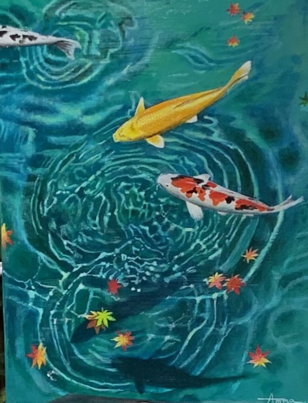 animal, animal_focus, autumn_leaves, branch, fish, koi, leaf, maple_leaf