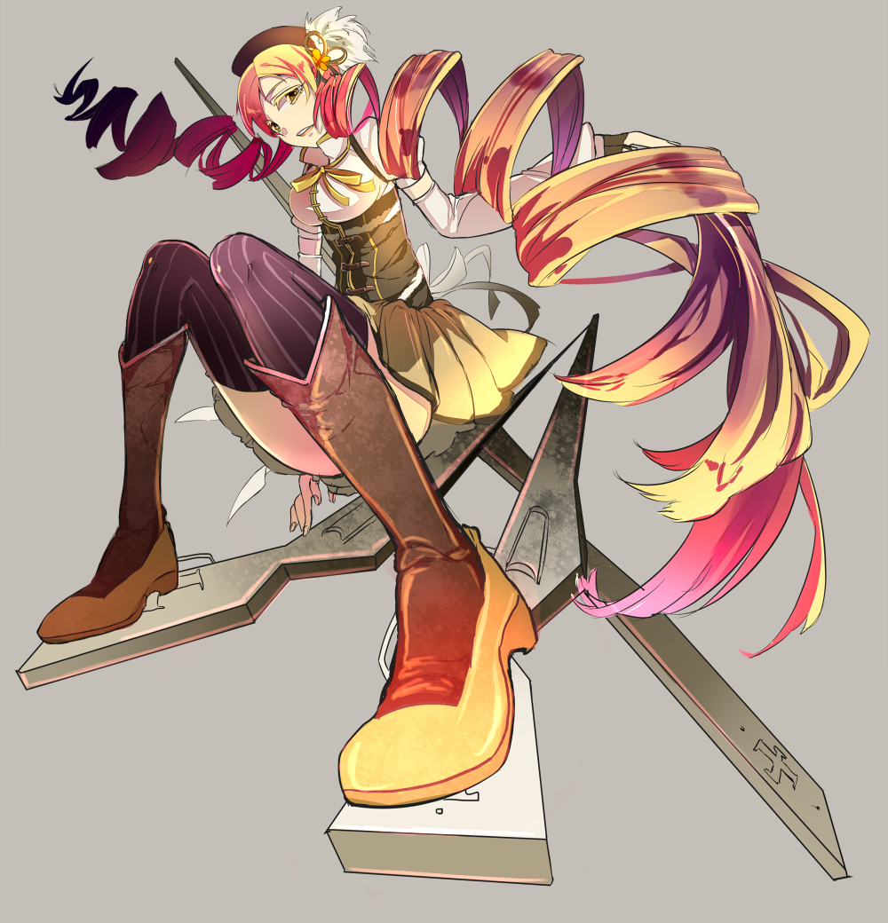 10s, bad_id, bad_pixiv_id, beret, blonde_hair, boots, drill_hair, foreshortening