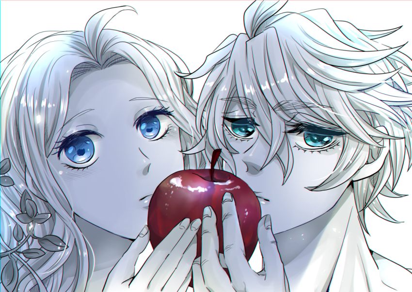 1boy, 1girl, adam_(shuumatsu_no_valkyrie), ahoge, apple, aqua_eyes, blue_eyes, collarbone