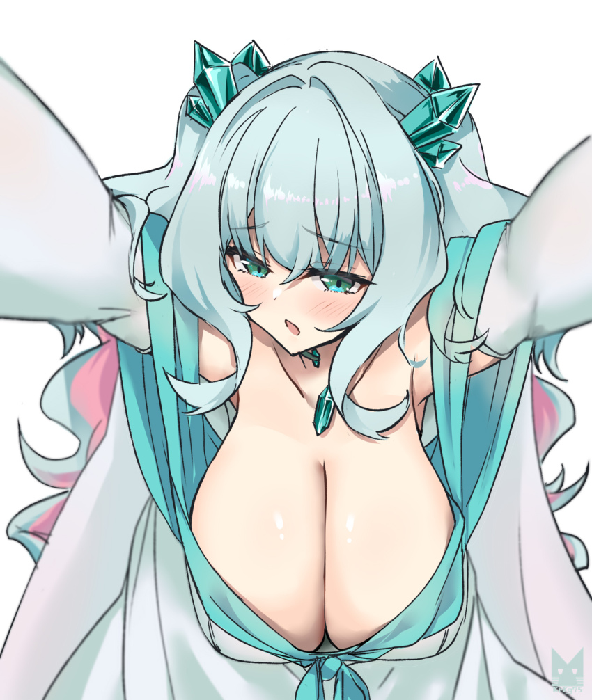 1girl, :o, alternate_breast_size_(larger), aqua_dress, aqua_hair, armpits, arms_up, bare_shoulders