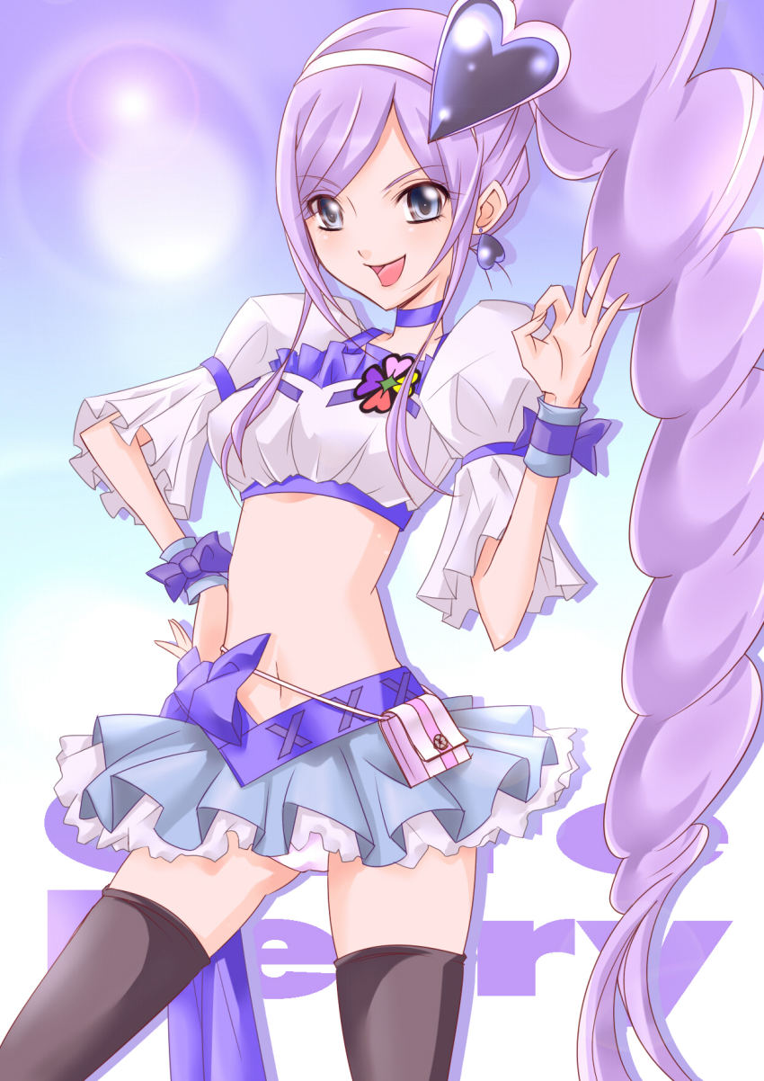 00s, 1girl, :d, :p, aono_miki, bad_id, bad_pixiv_id, black_thighhighs, blue_eyes, blue_skirt, bow, character_name, choker, cure_berry, curly_hair, earrings, eyelashes, female_focus, fresh_precure!, hair_ornament, hairband, hand_on_own_hip, heart, heart_hair_ornament, high_ponytail, highres, hip_focus, jewelry, kojikoji, long_hair, magical_girl, midriff, navel, open_mouth, panties, pantyshot, ponytail, precure, purple_hair, ribbon, skirt, smile, solo, thighhighs, tongue, tongue_out, underwear, upskirt, very_long_hair, wrist_cuffs