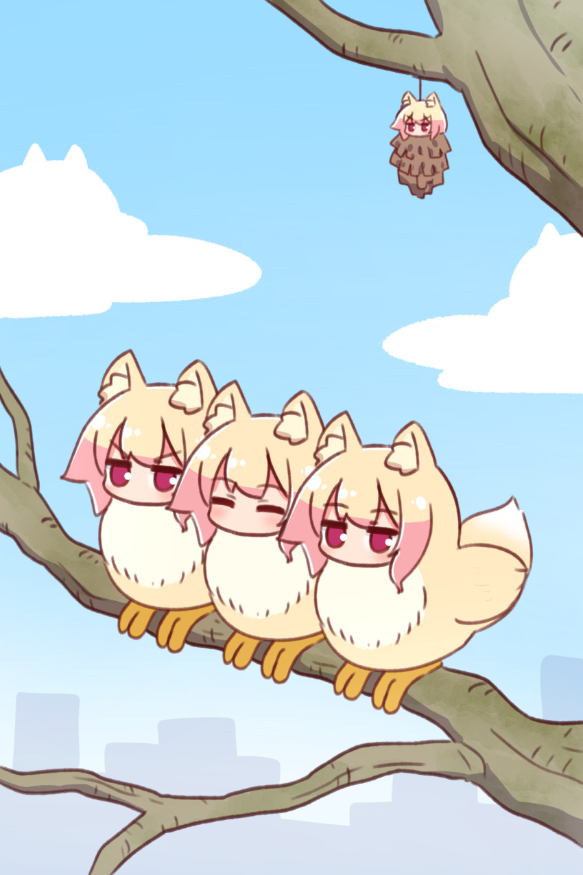 4girls, animal, animal_ear_fluff, animal_ears, animalization, bagworm, bird, blue_sky