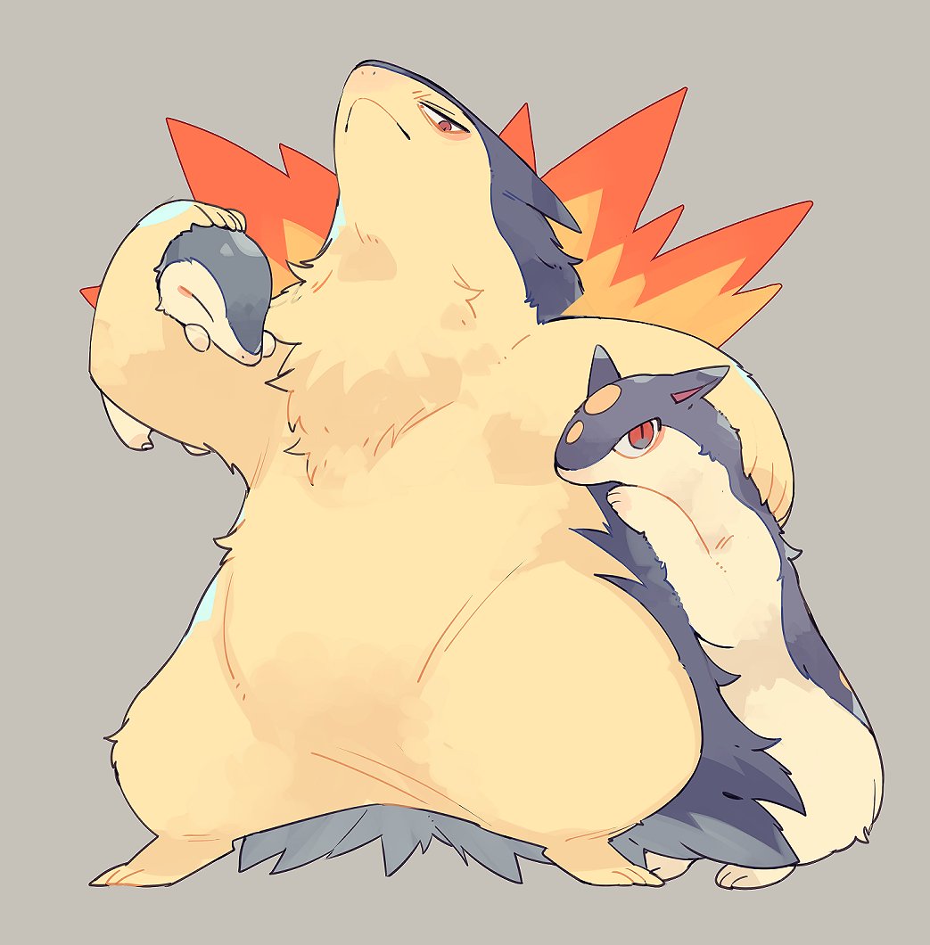 blue_fur, body_fur, closed_eyes, closed_mouth, cyndaquil, evolutionary_line, fire, frown, full_body, gen_2_pokemon, mamebato, nintendo, pokemon, pokemon_(creature), quilava, red_eyes, standing, typhlosion, yellow_fur