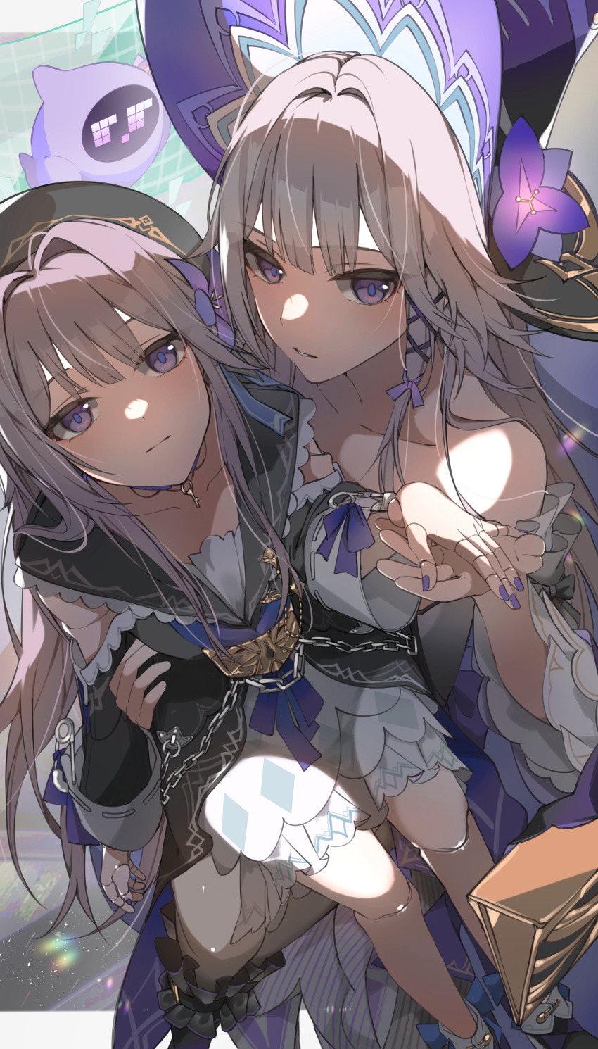 2girls, absurdres, bare_shoulders, beret, black_hat, brown_hair, choker, closed_mouth