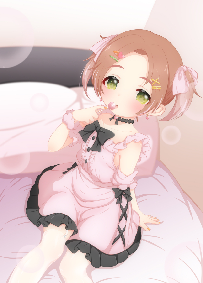 1girl, bed, black_bow, bow, brown_hair, candy, chestnut_mouth, choker