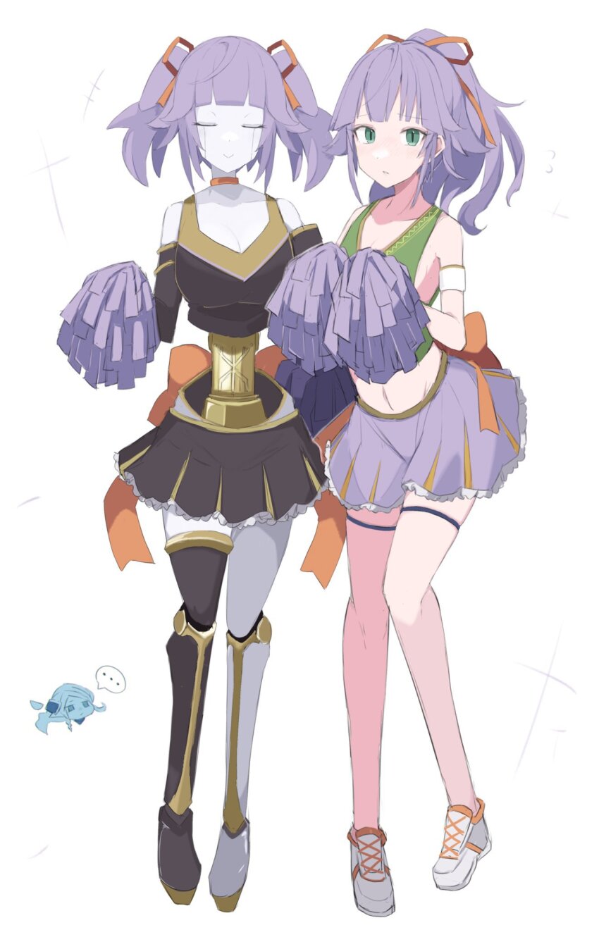 3girls, black_skirt, blush, breasts, cheerleader, chibi, chibi_inset, cleavage, closed_eyes, collarbone, crowned_by_the_world_chalice, dual_persona, duel_monster, flying_sweatdrops, full_body, galatea_the_orcust_automaton, green_eyes, highres, ib_(yu-gi-oh!), large_breasts, lee_(yu-gi-oh!), lee_the_world_chalice_fairy, midriff, miniskirt, multiple_girls, navel, pom_pom_(cheerleading), ponytail, purple_hair, purple_skirt, robot_girl, sakuragi_raia, simple_background, single_thighhigh, skirt, smile, thighhighs, twintails, white_background, yu-gi-oh!