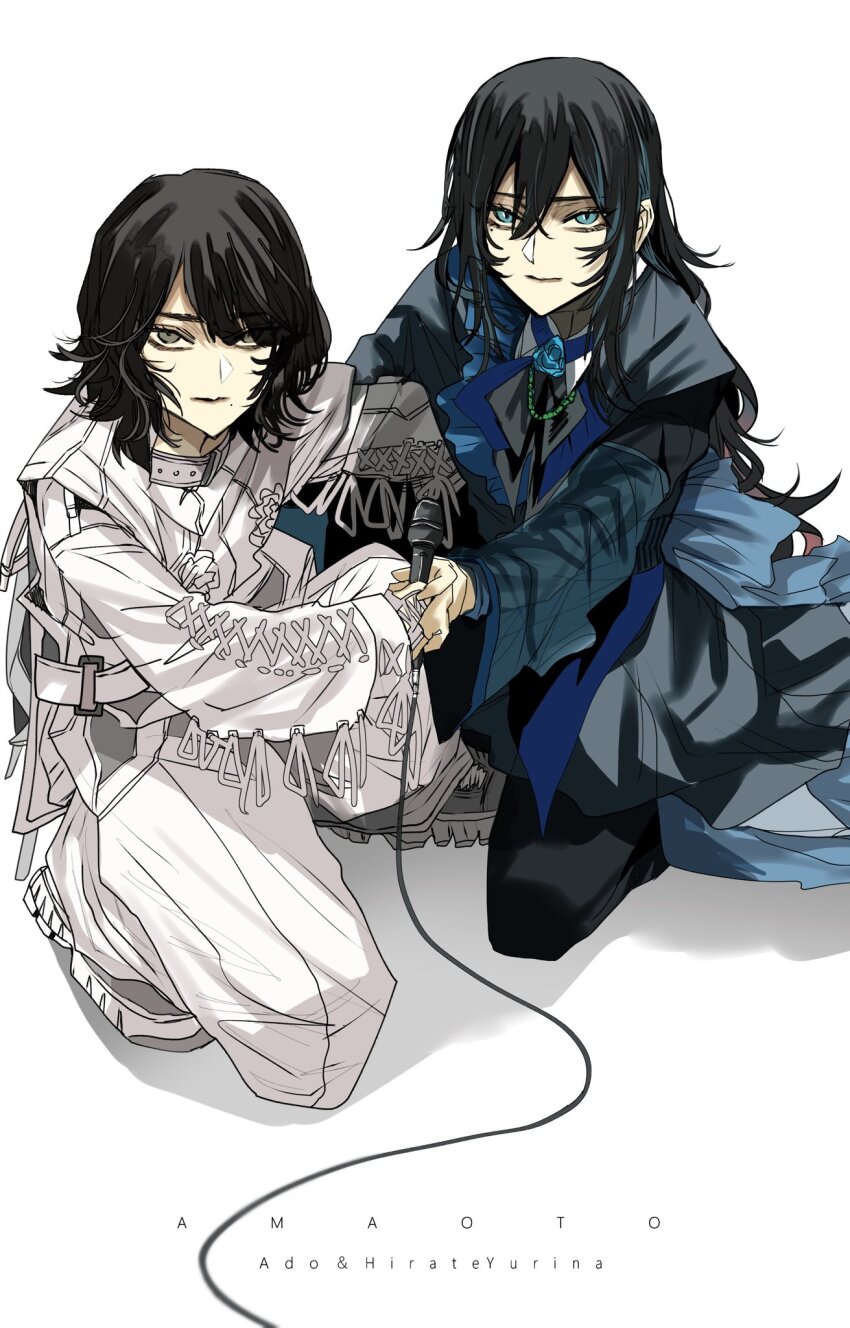 2girls, ado_(utaite), black_hair, blue_dress, blue_eyes, blue_flower, blue_hair, blue_rose