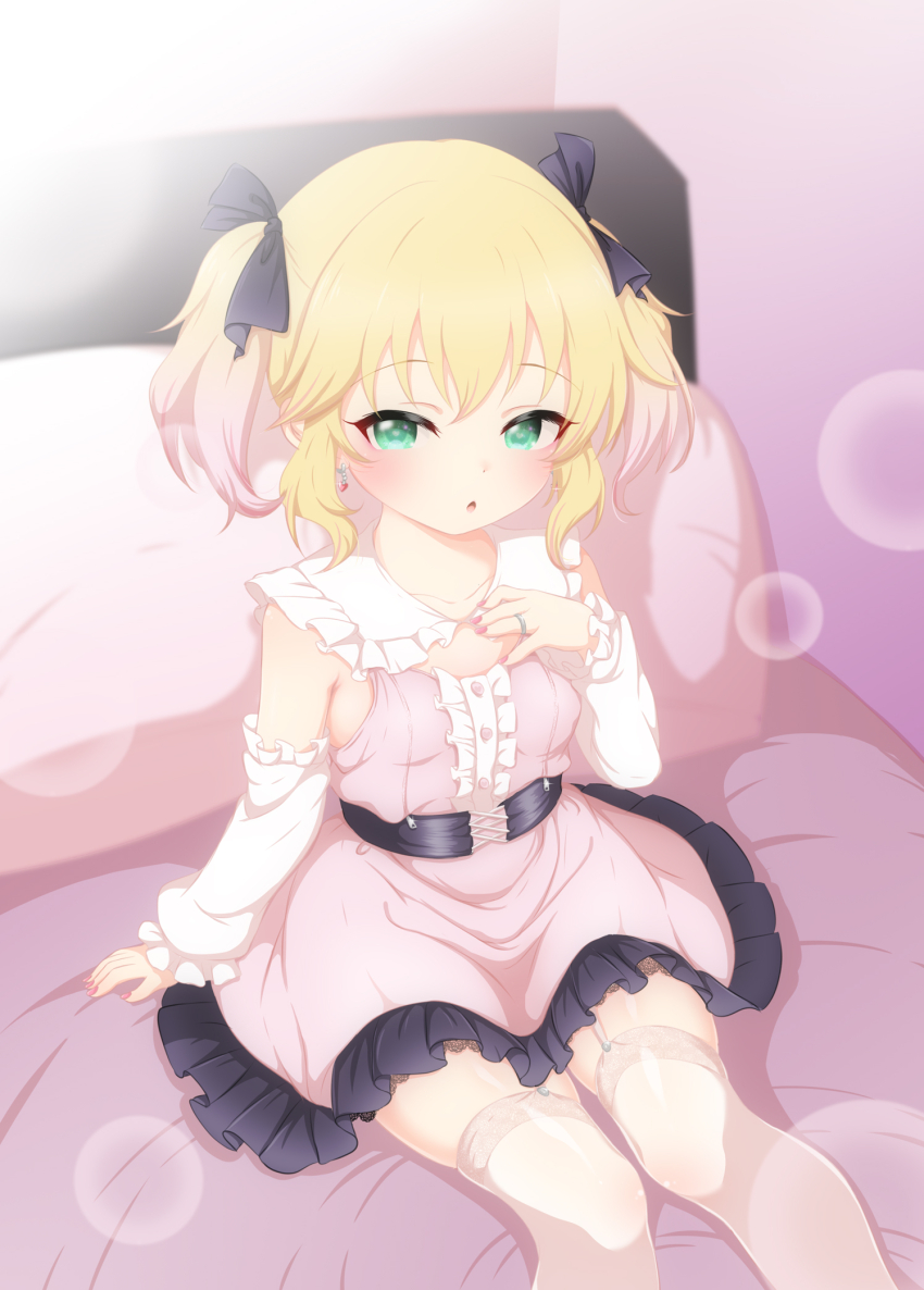 1girl, aqua_eyes, bed, belt, black_belt, black_bow, blonde_hair, bow
