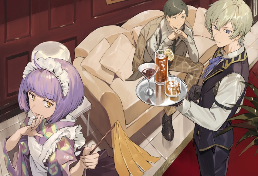 1girl, 2boys, apron, atori_haruto, black_footwear, black_gloves, blue_eyes, blue_ribbon